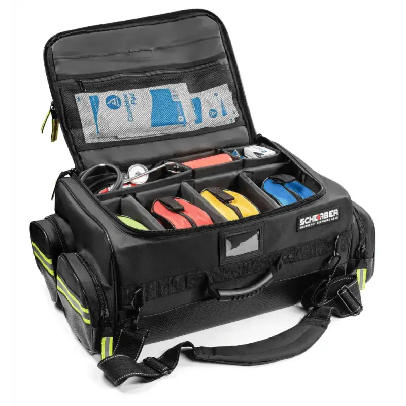 Black tool bag with tools in the Scherber Ultimate First Responder Trauma Kit O2