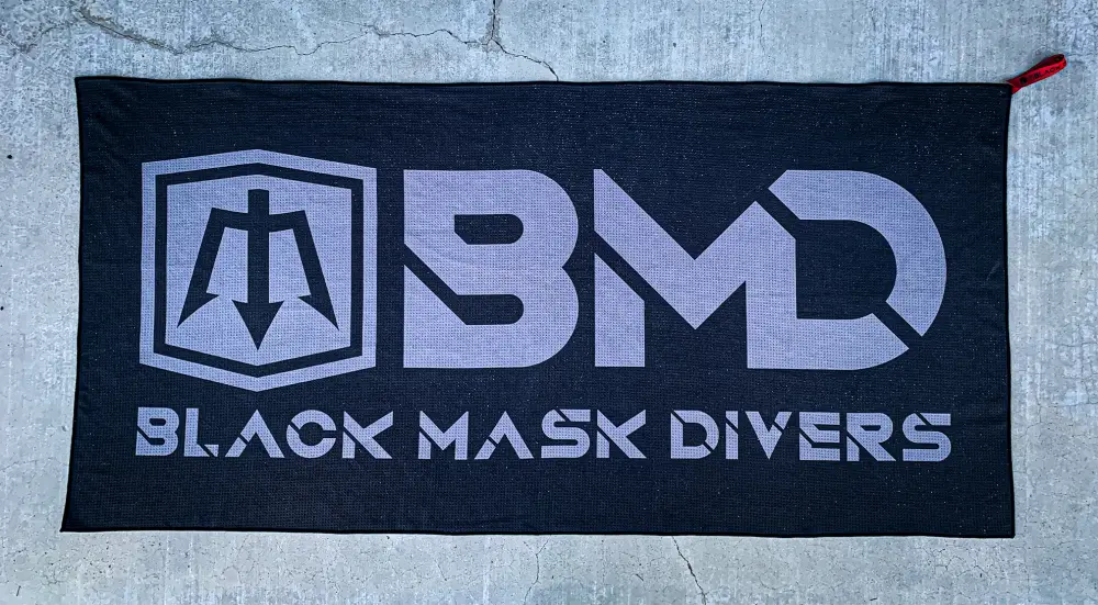 Black Tek Towel with logo for dive kit, fast drying towel for remote dive sites