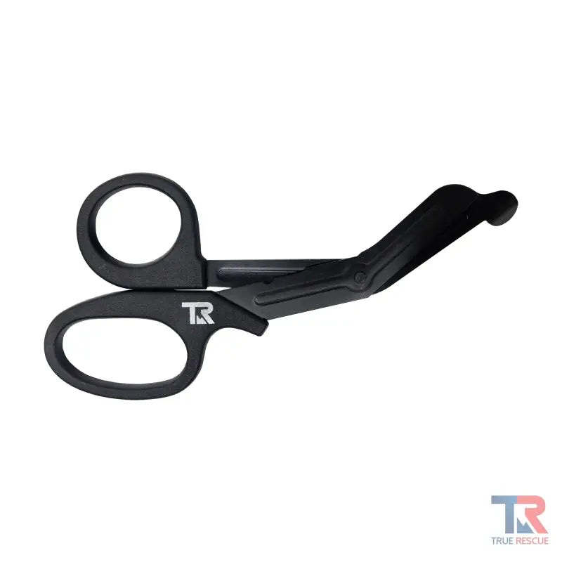 Black trauma shears with TR logo designed for first responders and firefighters