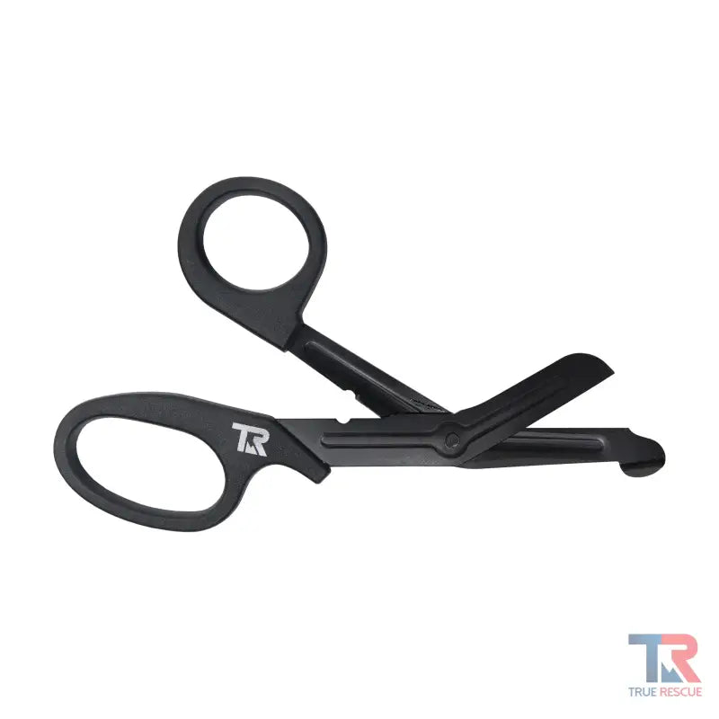 Black Trauma Shears with TR logo, perfect for first responders and firefighters