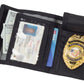 Black tri-fold badge wallet with security badge holder, ID slot, and cash slots