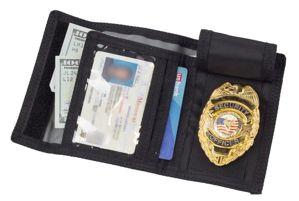 Black tri-fold badge wallet with security badge holder, ID slot, and cash slots