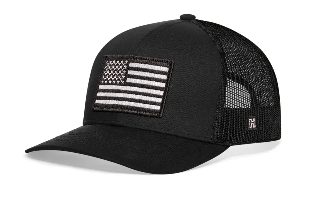 Black USA Snapback American Flag Trucker Hat with mesh backing and flag patch