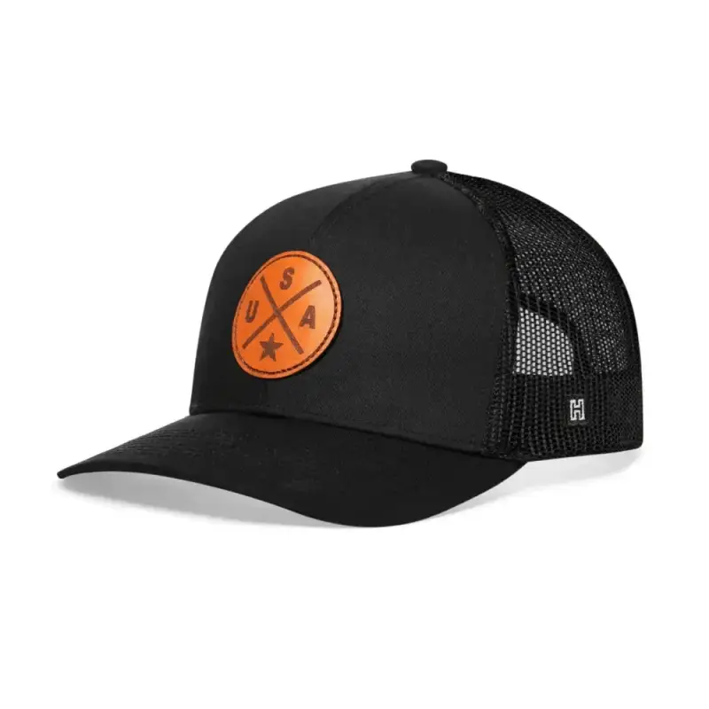 Black America Snapback USA Trucker Hat Leather with orange patch and mesh back panel