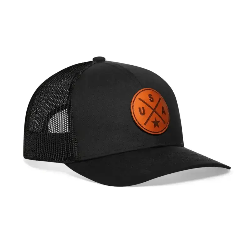 Black America Snapback USA Trucker Hat Leather with orange circular leather patch and arrows