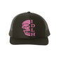 Black snapback trucker hat with pink skull design and IDLH text for a subdued look