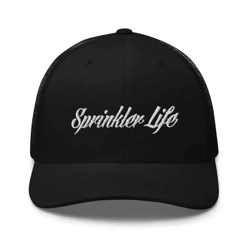 Black Sprinkler Life Trucker Cap with white embroidered text for stylish outdoor wear