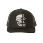 Black trucker snapback hat with subdued white skull design and IDLH text