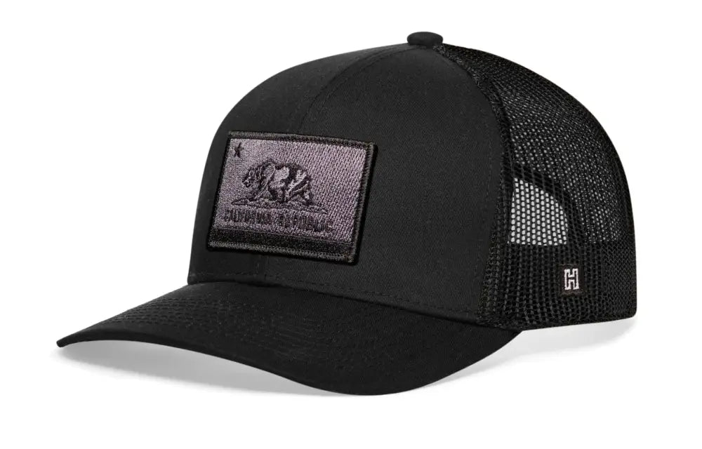 Black California Flag Trucker Hat Tactical with mesh back and dark patch design