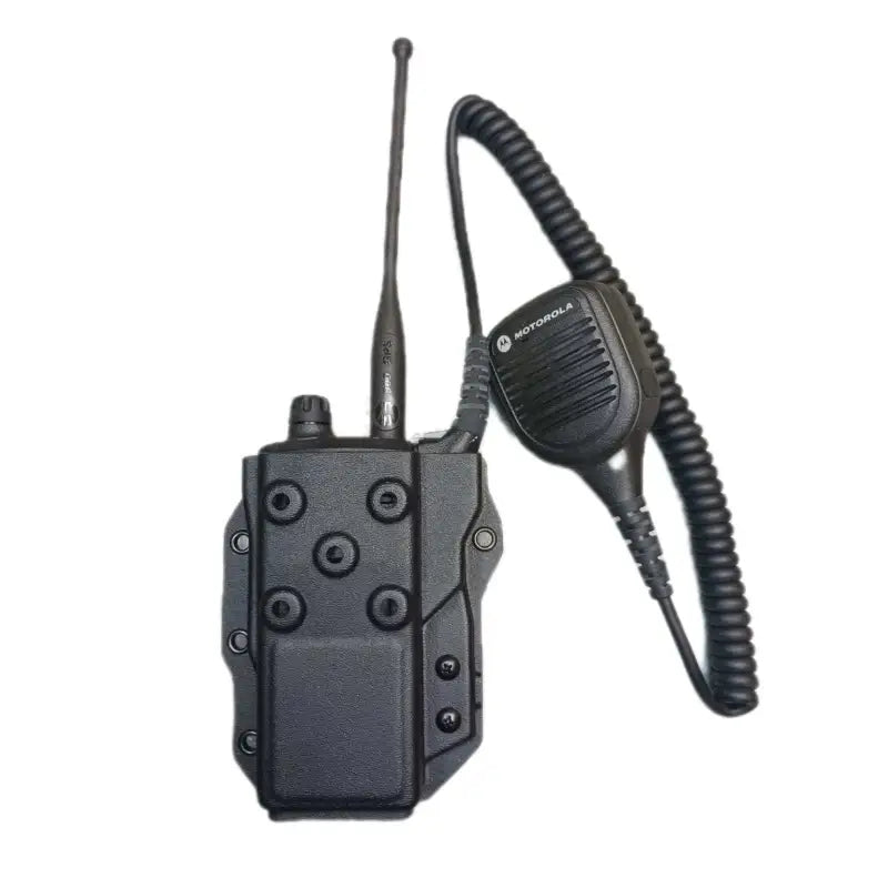 Black Motorola APX two-way radio with speaker mic in adjustable retention holster