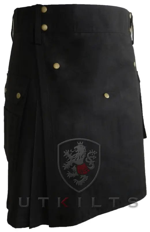 Black Utility Kilt with brass buttons and embroidered shield emblem for Standard II