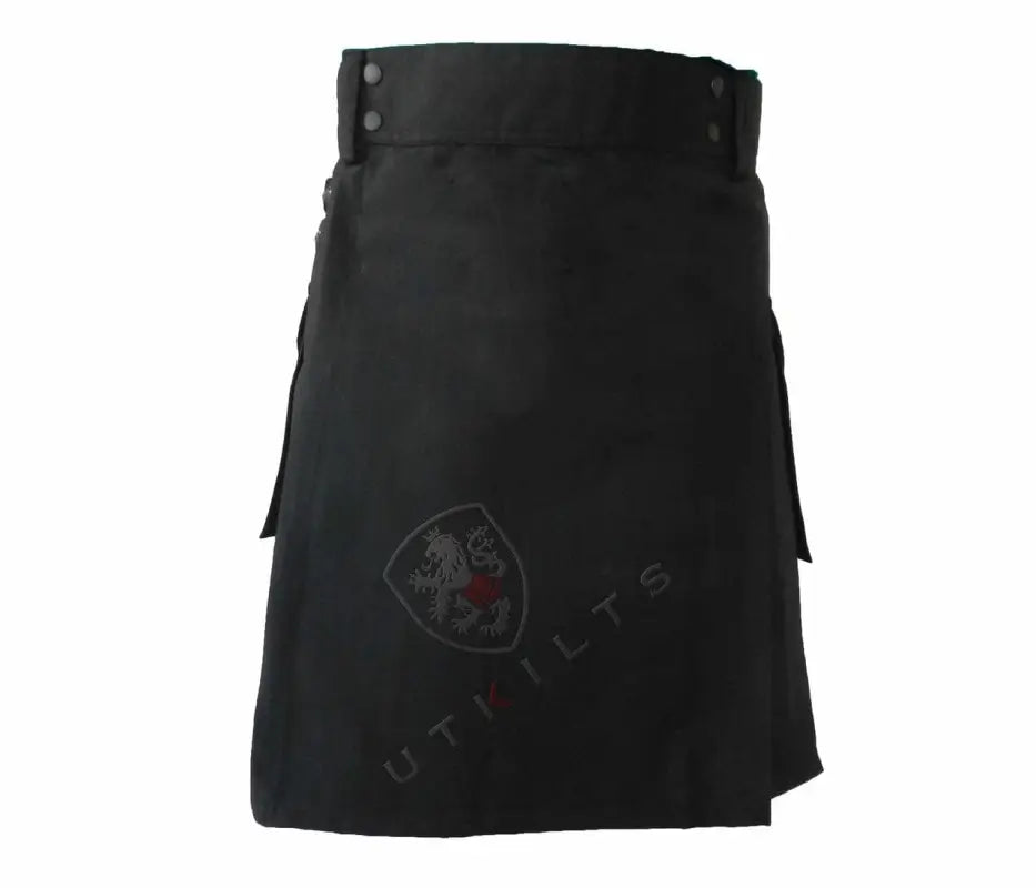 Blackout Utility Kilt featuring cargo pockets and metal studs on waistband