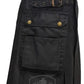 Black utility kilt with cargo pockets and buckle straps for men, featuring an embroidered shield