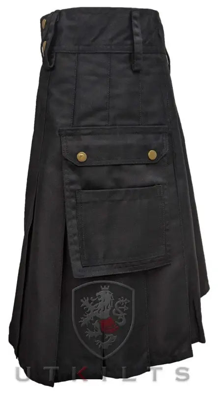 Black Utility Kilt with Cargo Pockets and Shield Emblem for Standard Utility Kilt style