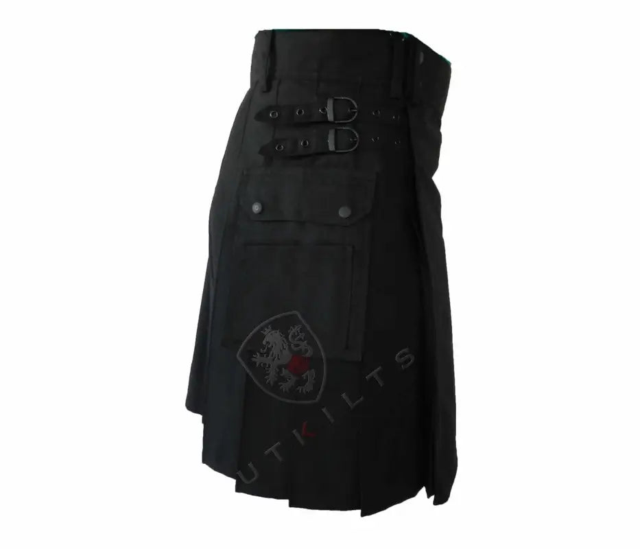 Blackout Utility Kilt with decorative buckle straps and side emblem for men