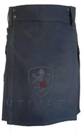 Black utility kilt with embroidered shield logo, part of the Standard Dark Gray Utility Kilt