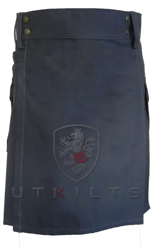 Black utility kilt with embroidered shield logo, part of the Standard Dark Gray Utility Kilt