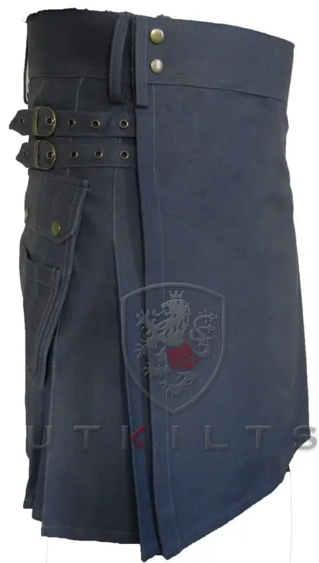 Black utility kilt with leather straps and buckles, ideal for a standard dark gray utility kilt