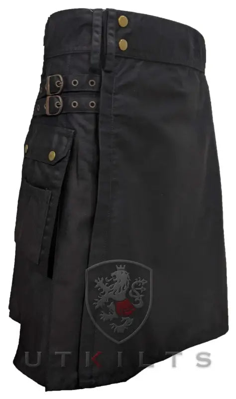 Black utility kilt featuring side pockets and buckle straps in Standard Black Utility Kilt