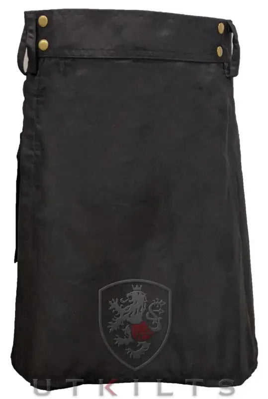 Black utility kilt featuring a lion shield emblem in Standard Utility Kilt design