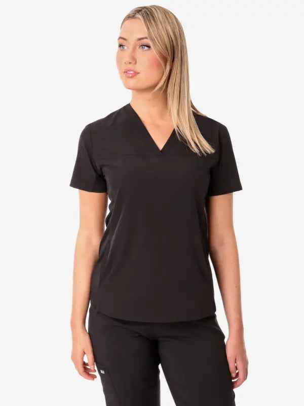 Black V-neck women’s stash-pocket scrub top with short sleeves for medical professionals