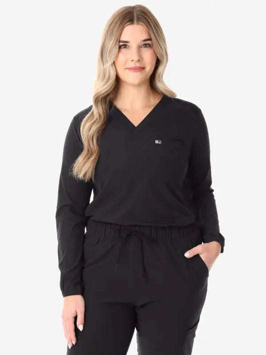 Black v-neck women’s long-sleeve scrub top with long sleeves and logo detail