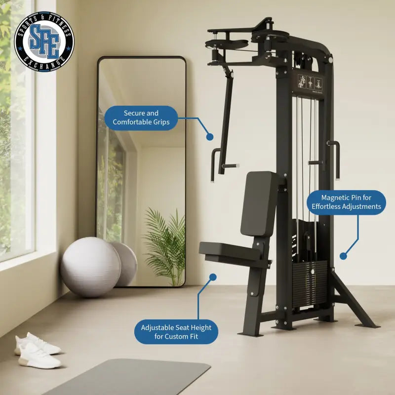 Black weight machine with adjustable seat for selectorized pec fly and rear delt exercises