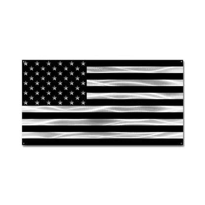 Black and white American flag with 50 stars and 13 stripes on Durable Metal Flag with red silver gold line dispatch