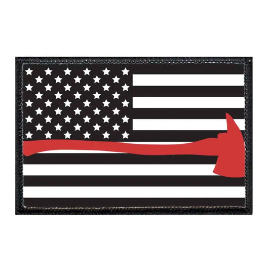 Black and white American flag patch with fireman axe design for velcro loop surface