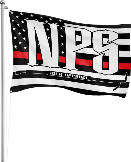 Black and white 3x5 flag banner with NPSJ text and thin red line for firefighter support