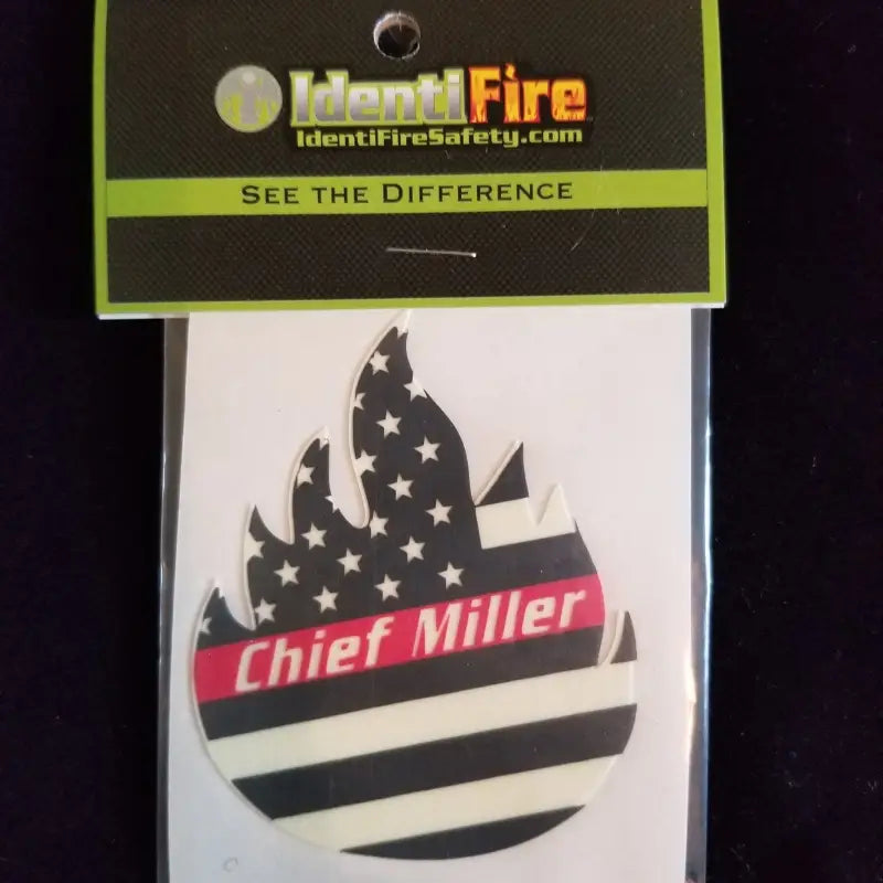 Black and white American flag flame decal featuring Chief Miller Glow text in red