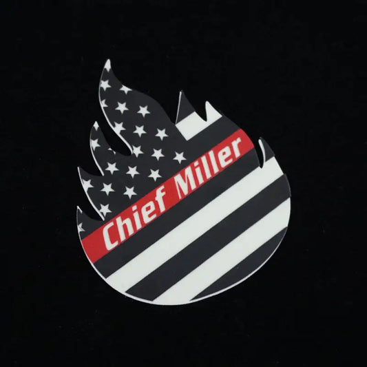 Black and white American flag sticker with Chief Miller text in red for Chief Miller glow