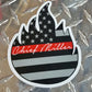 Black and white Chief Miller decal sticker in flame shape with red text design