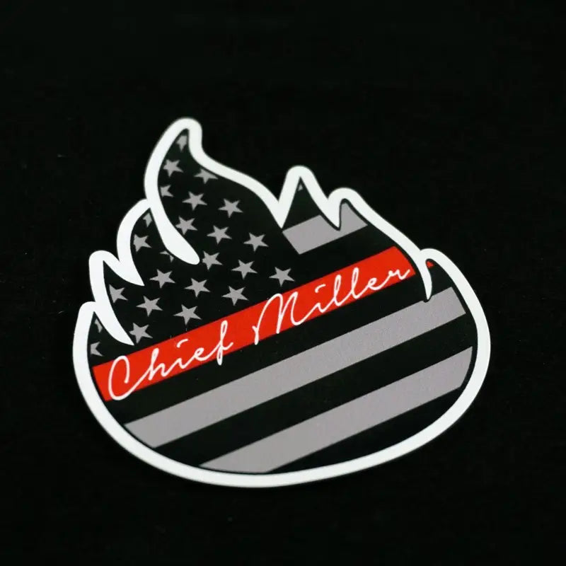 Black and white Chief Miller decal with red script text on American flag design