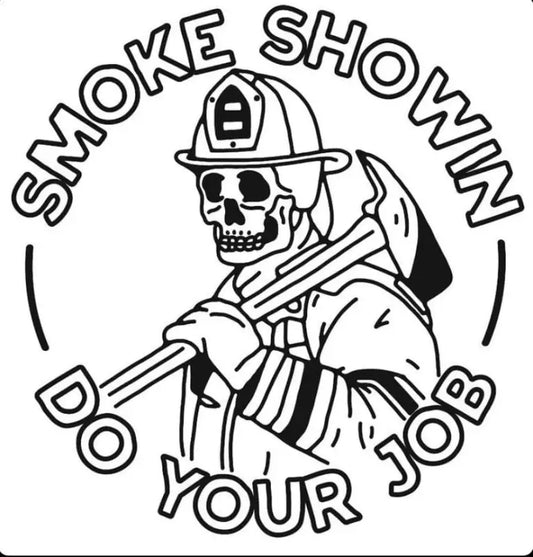 Black and white cartoon skeleton firefighter job sticker for first responders