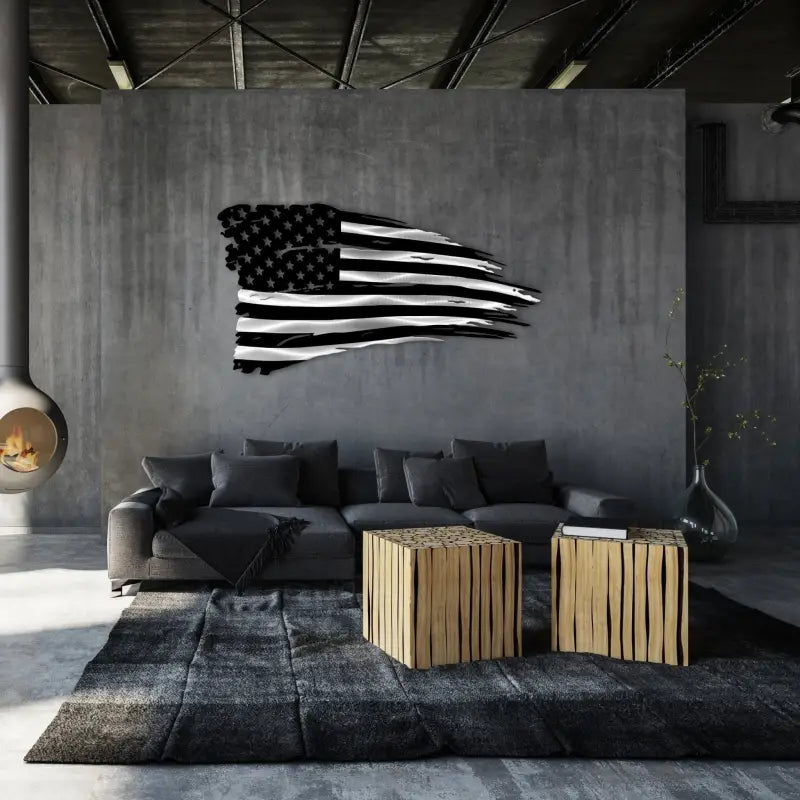 Black and white distressed American Battle Flag on wall, ideal for military decor