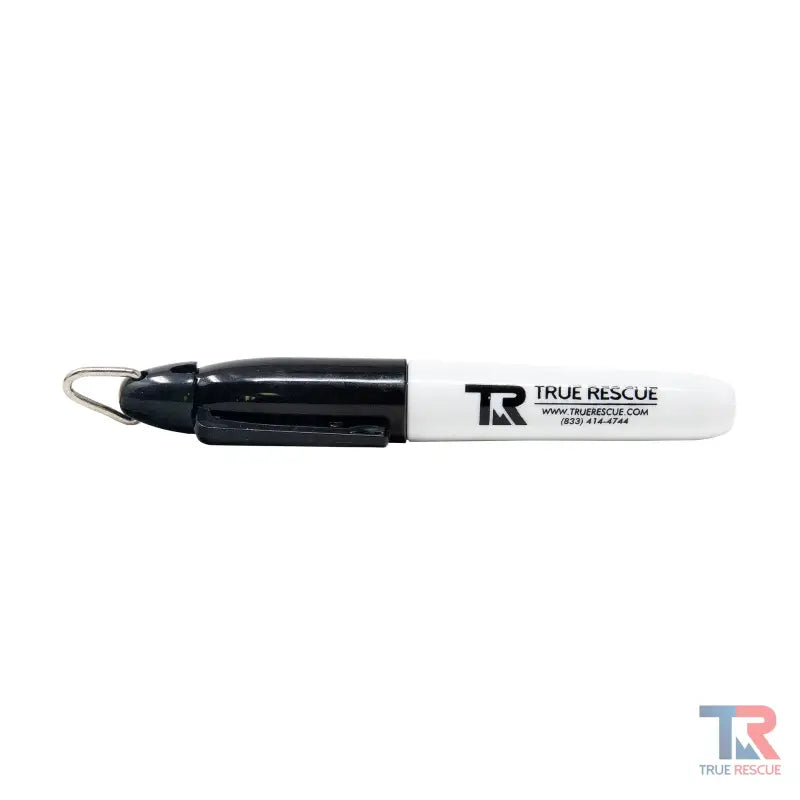 Black and white mini permanent marker with True Rescue branding displayed on packaging