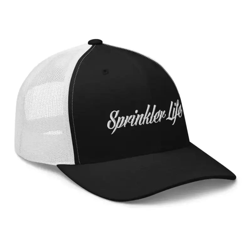 Black and white mesh Sprinkler Life trucker cap with embroidered text