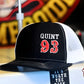 Black and white mesh trucker hat with QUINT 93 for apparatus company - offset first responders