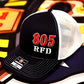 Black and white mesh trucker hat with 805 RFD for apparatus company - offset design