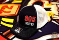 Black and white mesh trucker hat with 805 RFD for apparatus company - offset design