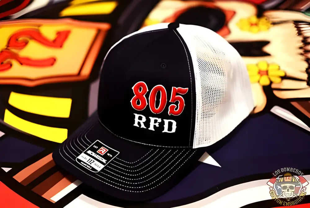 Black and white mesh trucker hat with 805 RFD for apparatus company - offset design