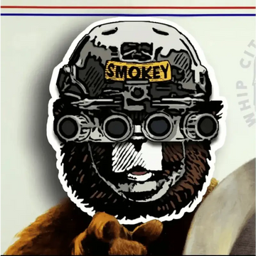 Black and white sticker of Tactical Smokey the Bear in night vision goggles for firefighters