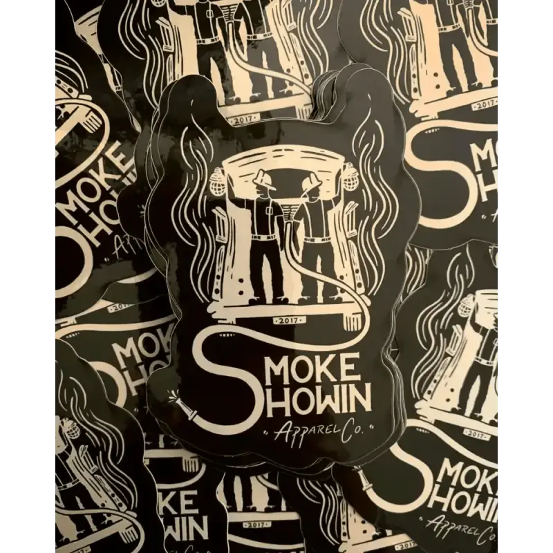 Black and white Smoke Showin sticker design with a smoking figure and text