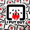 Black and white NFPA sticker design with flame icon, teardrops, and text I PUT OUT