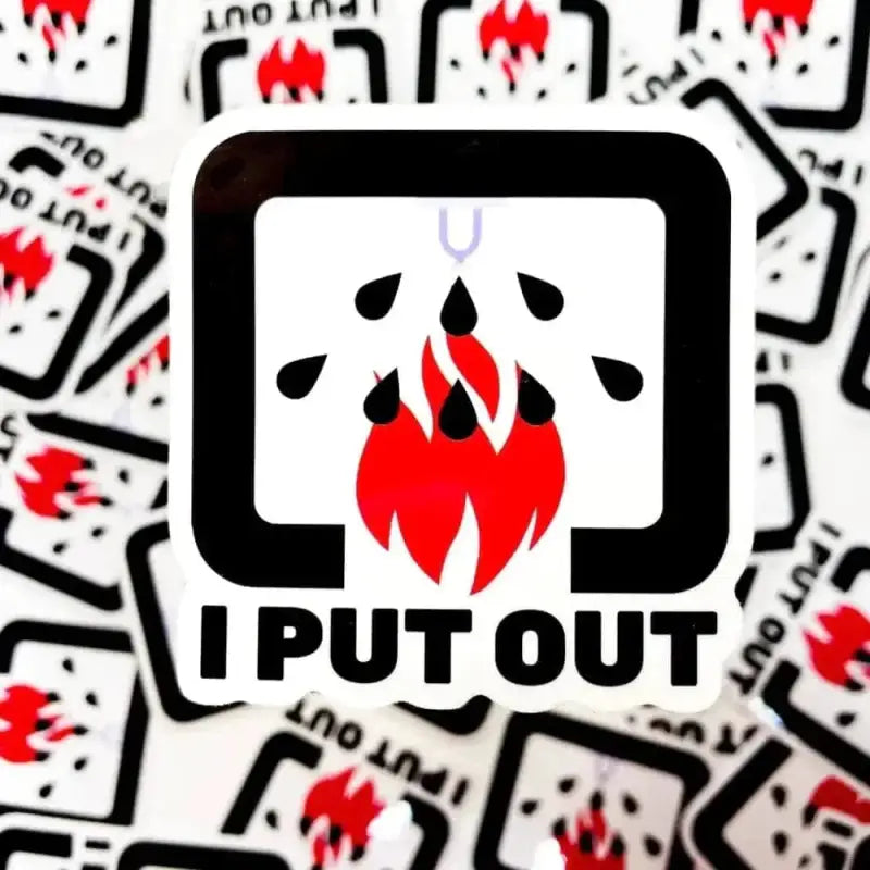 Black and white NFPA sticker design with flame icon, teardrops, and text I PUT OUT