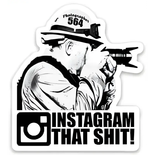 Black and white sticker design featuring a Photographer with Instagram that Shit phrase