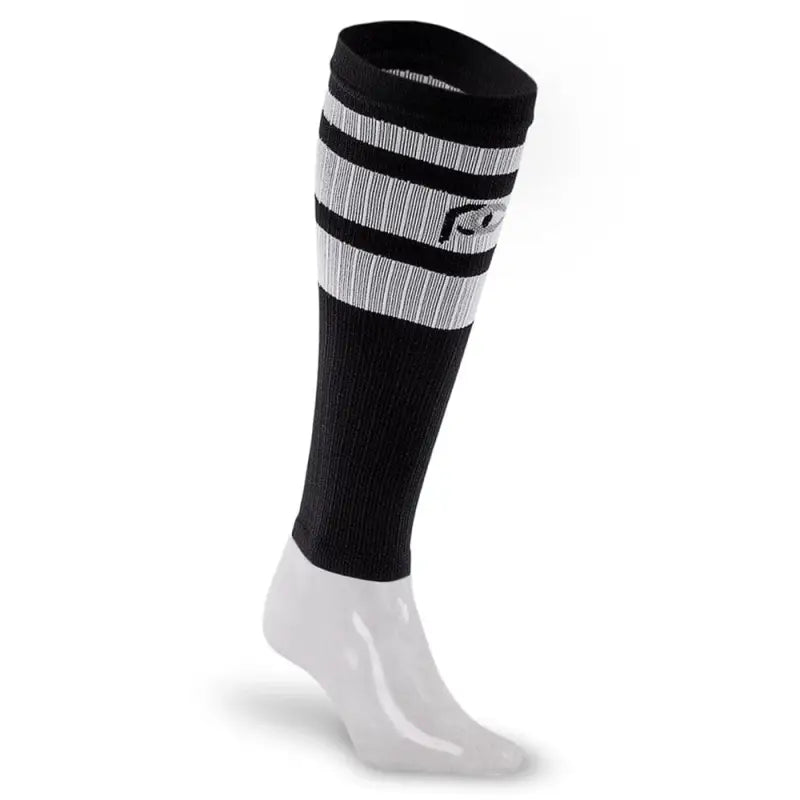 Black and white striped calf compression sleeves featuring a logo for stylish support