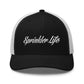 Black and white Sprinkler Life Trucker Cap with embroidered text on the front