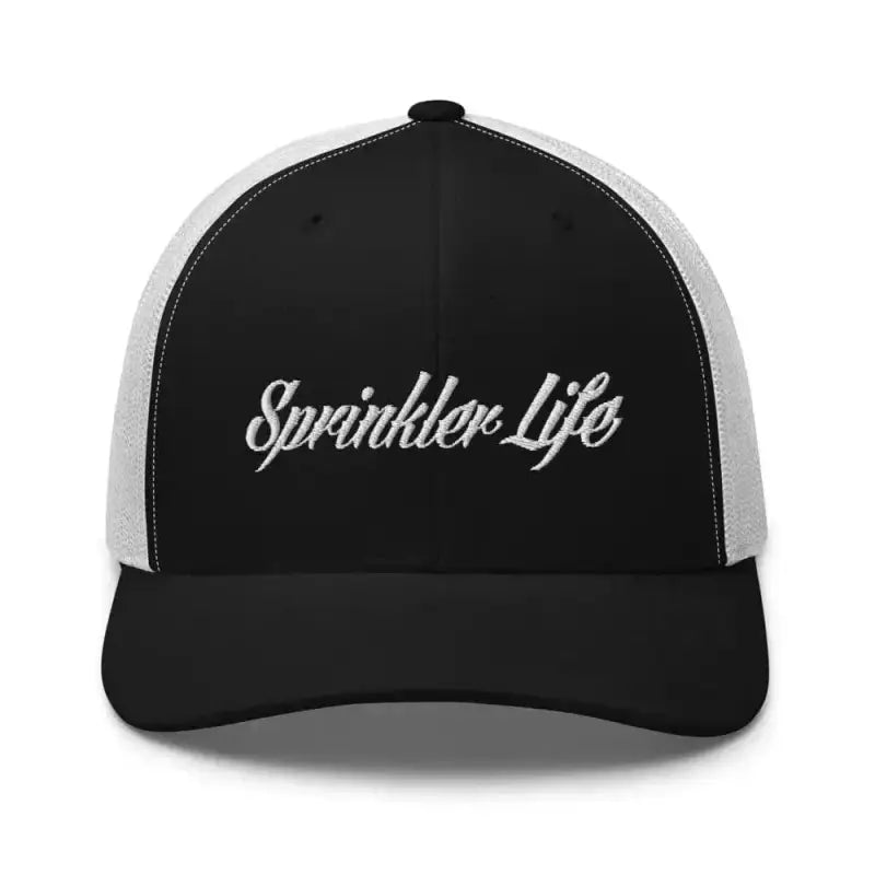 Black and white Sprinkler Life Trucker Cap with embroidered text on the front